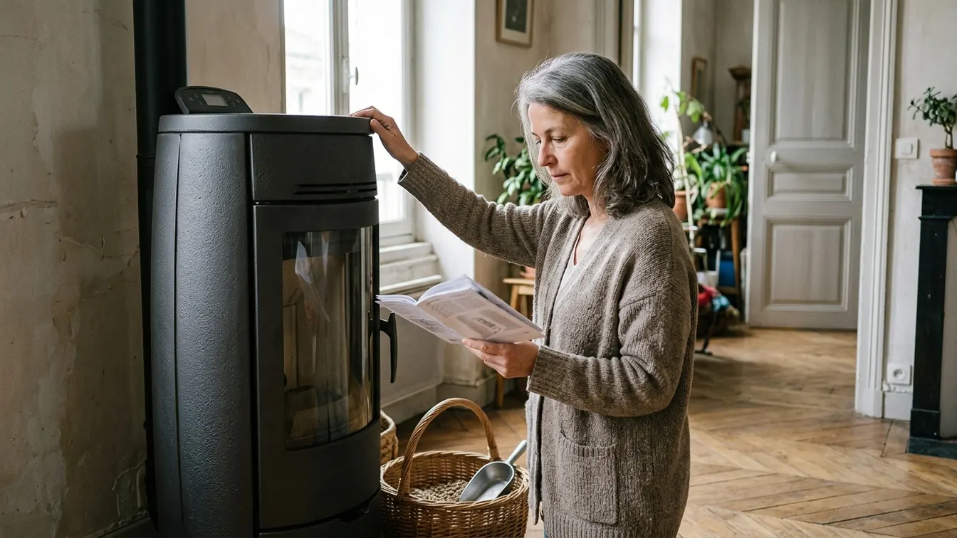 Poêle à granulés Invicta Nola 7 dans une maison française, avec son panneau de commande visible.