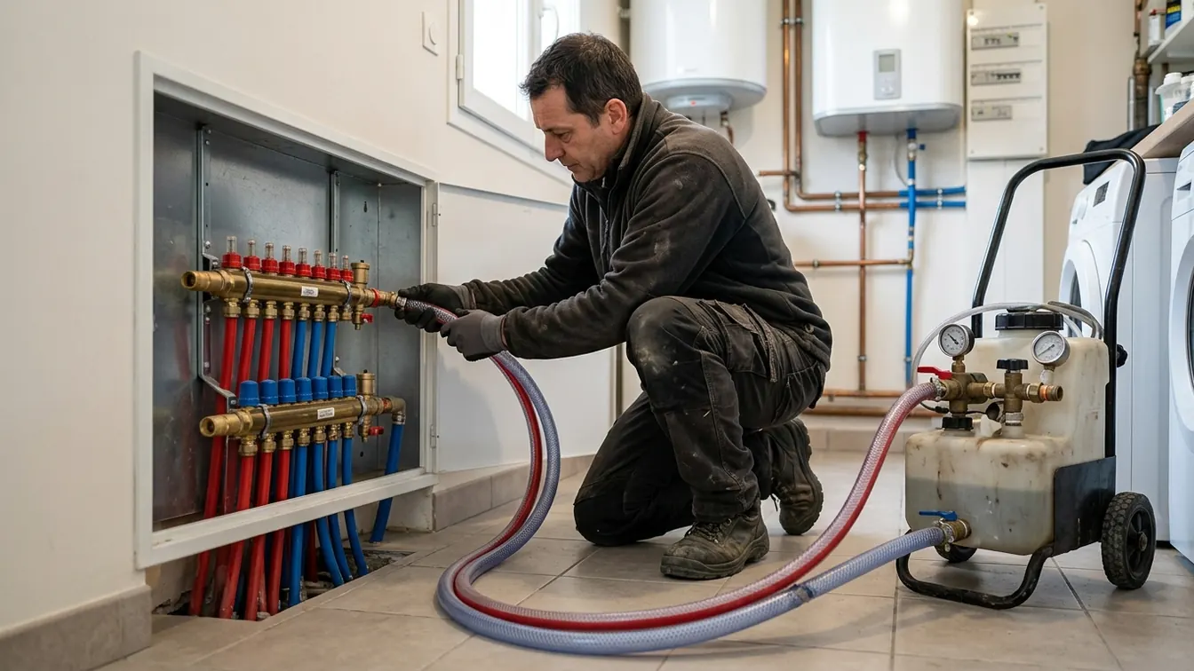 Un chauffagiste raccorde une pompe de désembouage au collecteur d’un plancher chauffant
