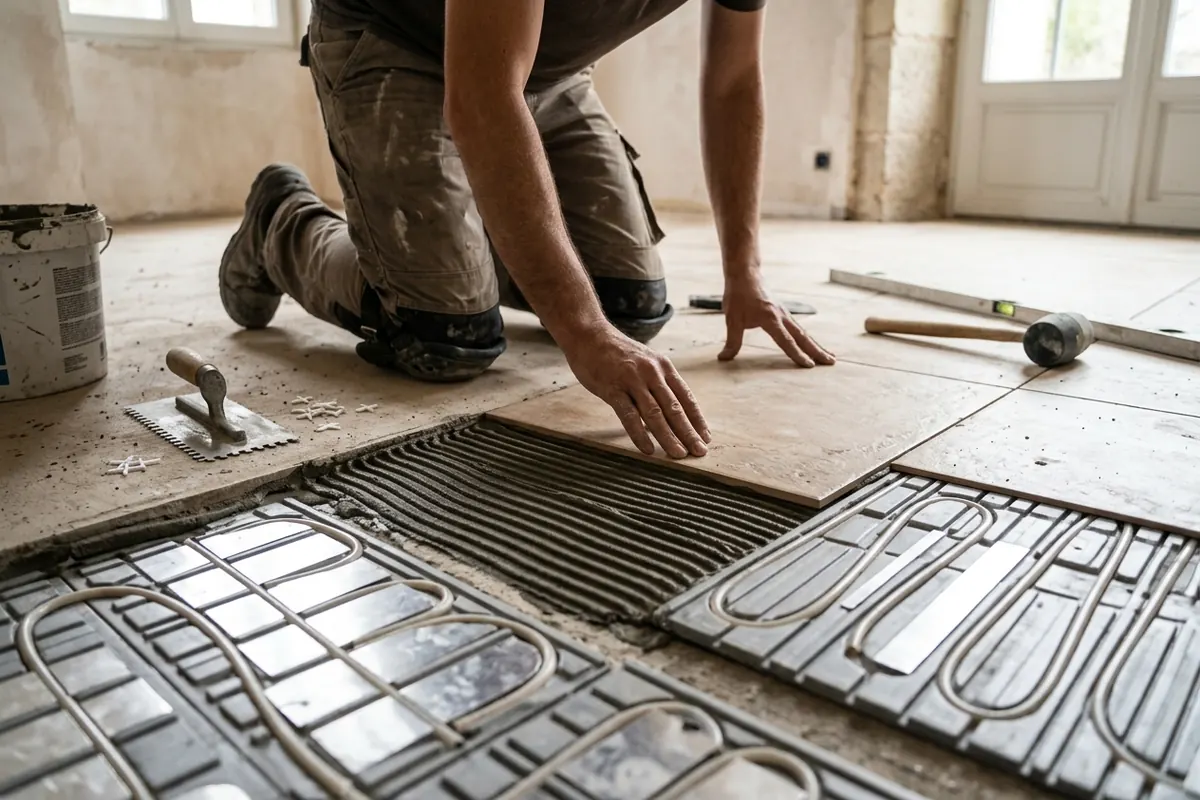 Pose d’un carrelage sur un plancher chauffant sec avec plaques de répartition