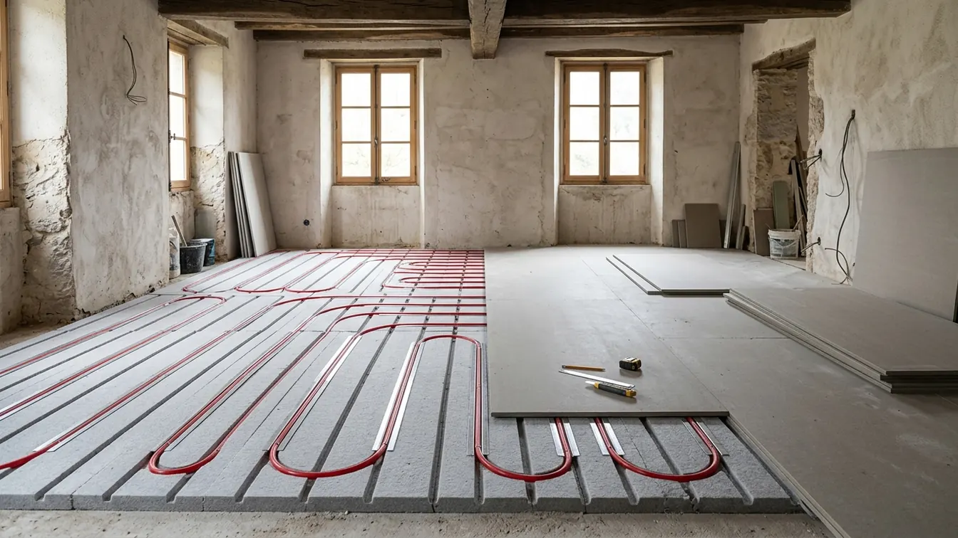 Plancher chauffant sec visible sous des plaques de répartition dans une maison en rénovation