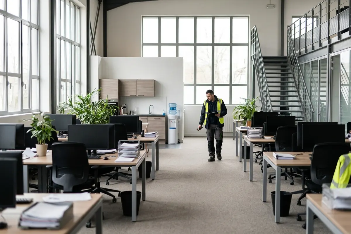 Un prestataire inspecte les accès et les surfaces avant de chiffrer le nettoyage des locaux